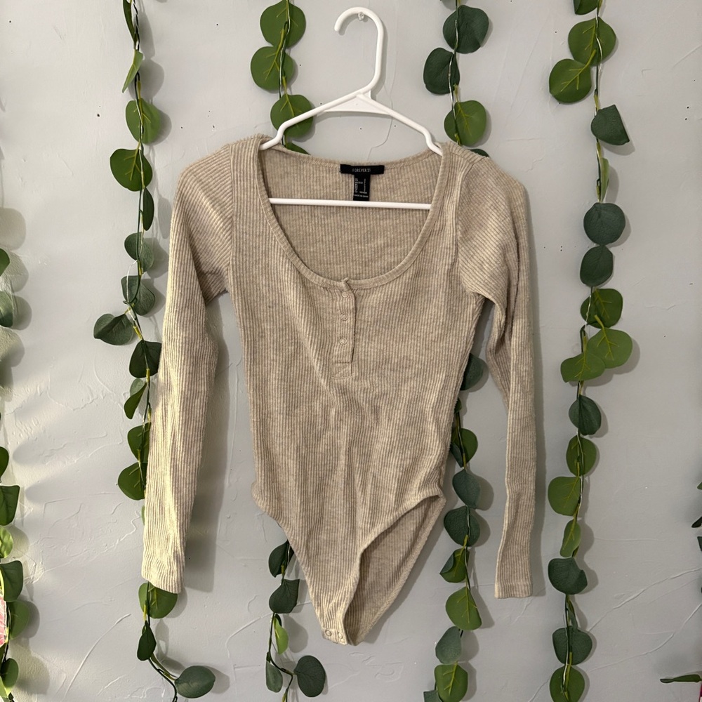Beige Ribbed Long Sleeve Bodysuit